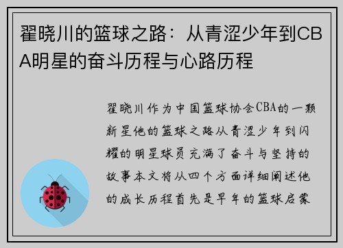 翟晓川的篮球之路：从青涩少年到CBA明星的奋斗历程与心路历程